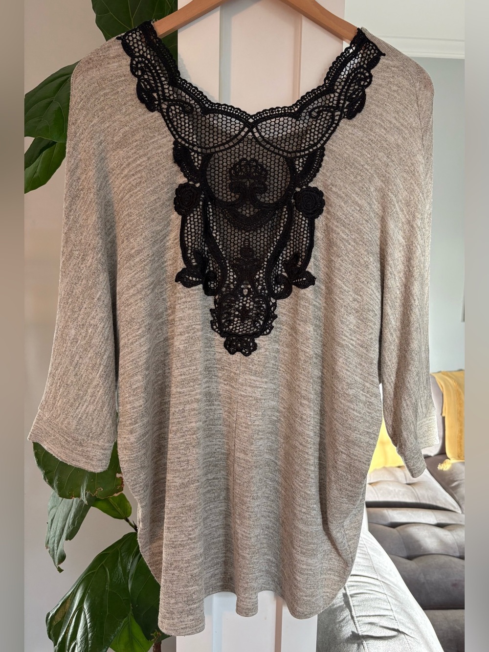 Molly Bracken Light Gray Top Tee Black Lace Detail Comfy One Size Womens